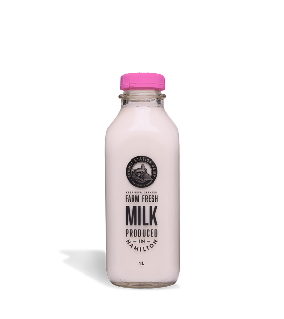 Summit Station Dairy's Strawberry Milk in a 1L glass bottle